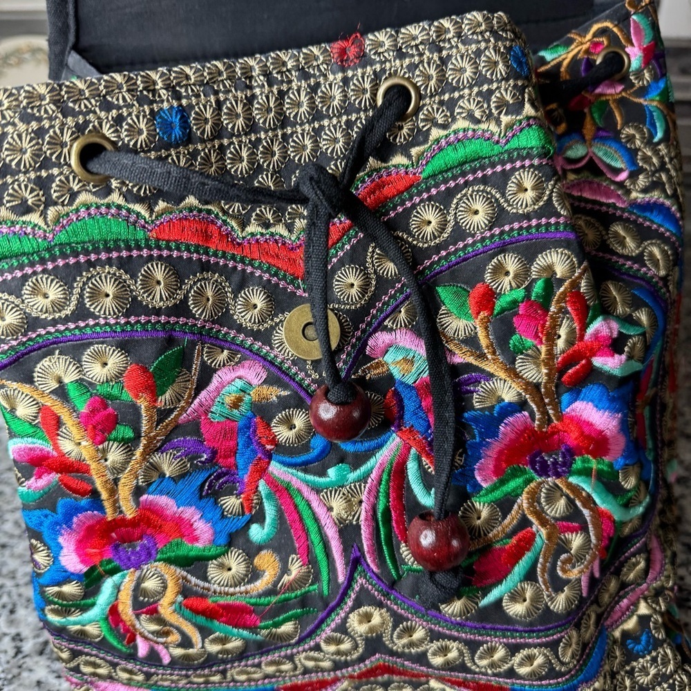 Women's Vintage Unique Cute Canvas Backpack Purse with Floral Embroidery - Picture 10 of 13